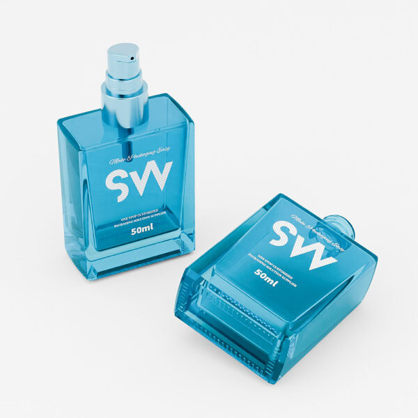 Two sleek blue glass bottles, one upright and one flat, elegantly display "SW" and "50ml," signifying sophisticated simplicity.