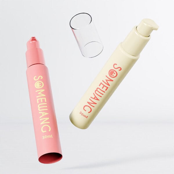 Two cylindrical "Somewang" pump bottles, pink and cream, caps off against a light background. Each 30ml tube ensures precise dispensing.