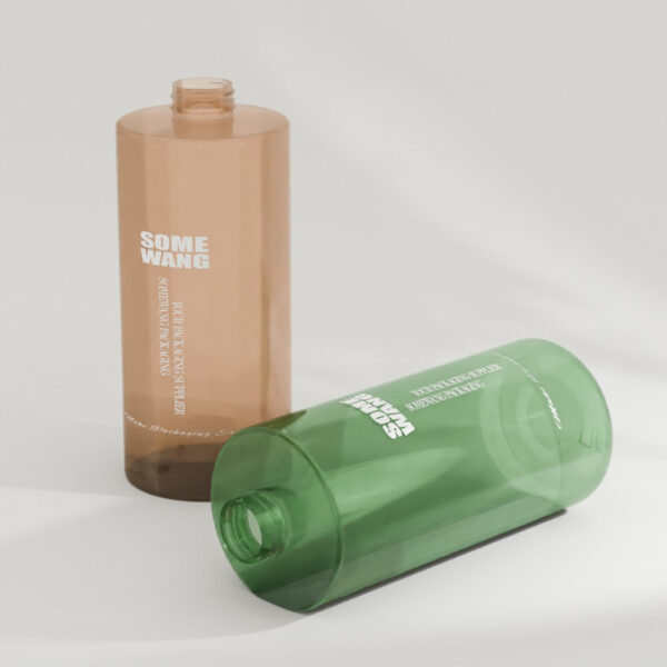 Two empty 1000ML PET shampoo bottles—one brown, one green—labeled "SOME WANG," ideal for bulk packaging.