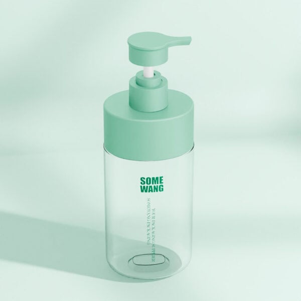 A clear 500ml PET bottle for personal care with a green pump, labeled "Some Wang" in green text.