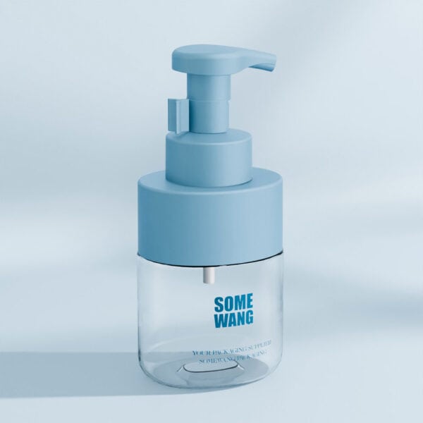 A blue 500ml PET foam bottle with a pump, labeled for skincare, sits against a plain light blue background.