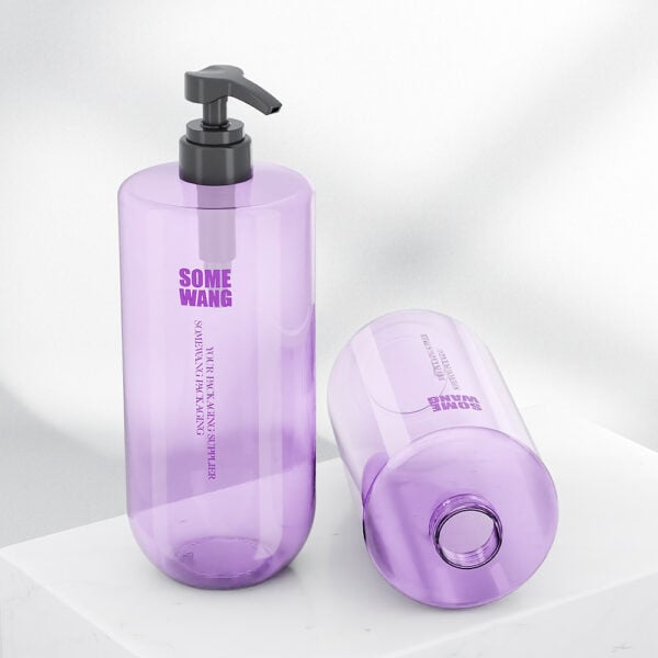 Two elegant purple 1L PET bottles for shampoo, one upright and one horizontal, with "Some Wang" text on a pristine white surface.