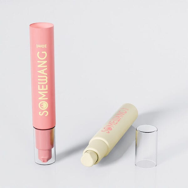 Two PE Airless tubes with "SOMEWANG" branding: a pink 30ml vertical tube for precision, and a beige horizontal one, both with clear caps.