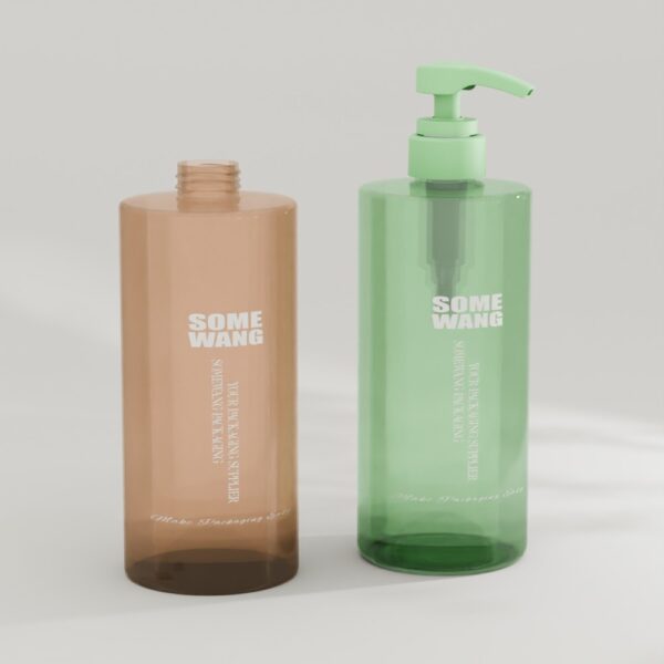 Two clear 1000ML PET shampoo bottles—brown (open) & green (pump)—with white vertical text. Wholesale available.