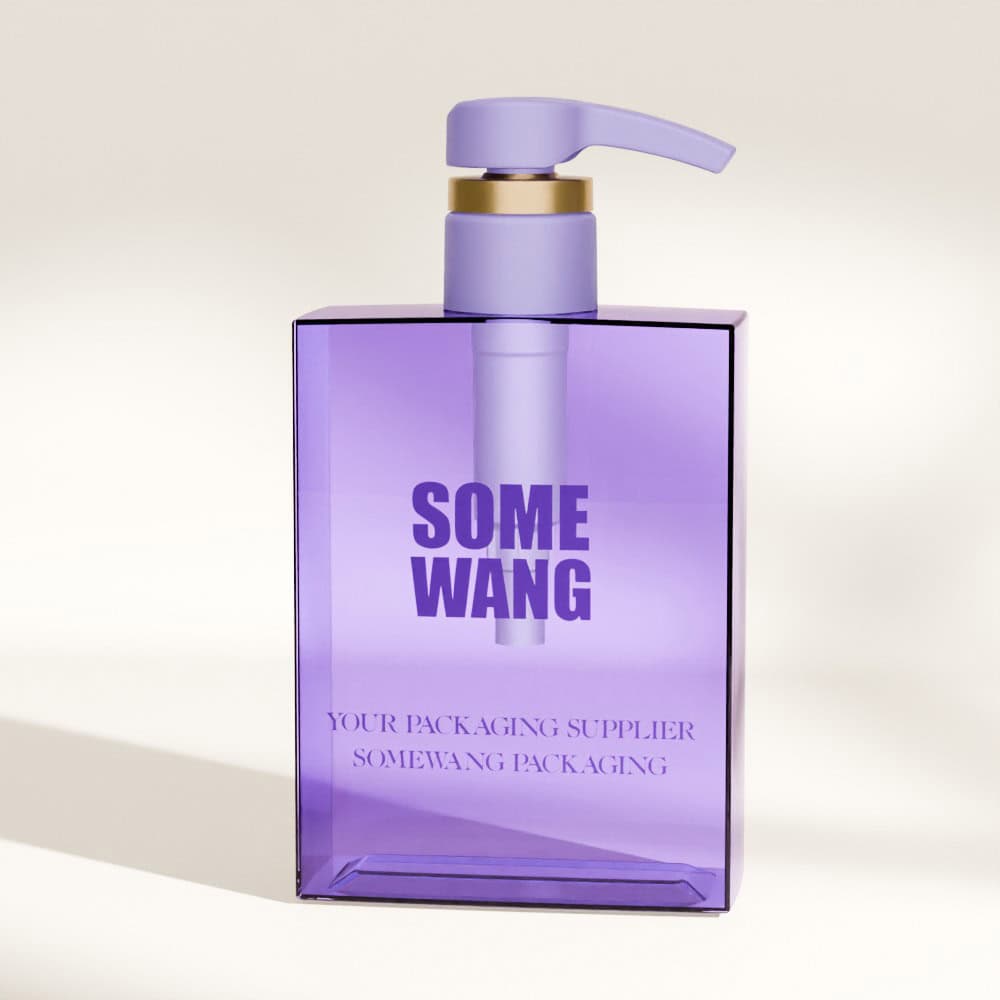 Purple rectangular PETG shampoo bottles (200ml, 240ml, 400ml, 1000ml) with custom closures labeled "Some Wang.