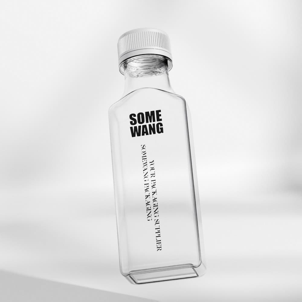 Clear rectangular plastic bottle with a white cap, black text "SOME WANG" and "YOUR PACKAGING SUPPLIER" on front, featuring AUTO-DRAFT labeling.