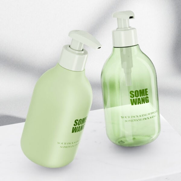 Two green "Some Wang" soap dispensers on a white surface, one upright and one tilted, resembling 240ml Clear Matte PET Shampoo Bottle.