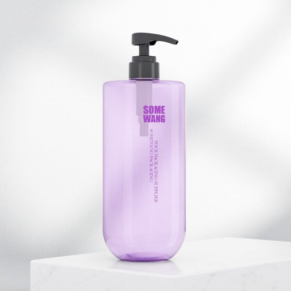 A stylish 1L PET bottle with a pump in sleek purple, labeled "SOME WANG," offers moisture balance with functional elegance.