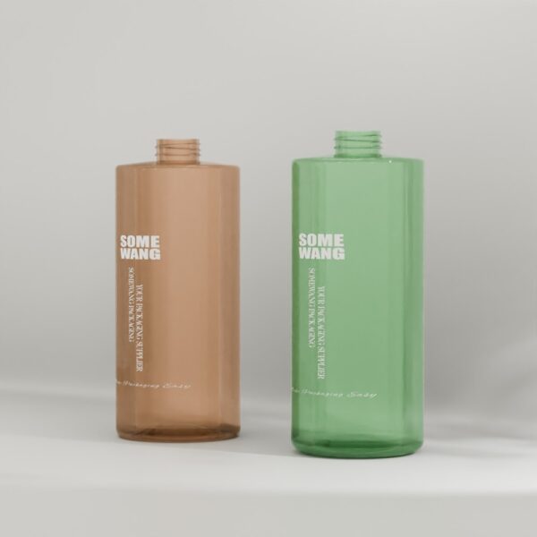 Two empty 1000ML PET shampoo bottles (brown, green), "SOME WANG" label, on a plain neutral background.