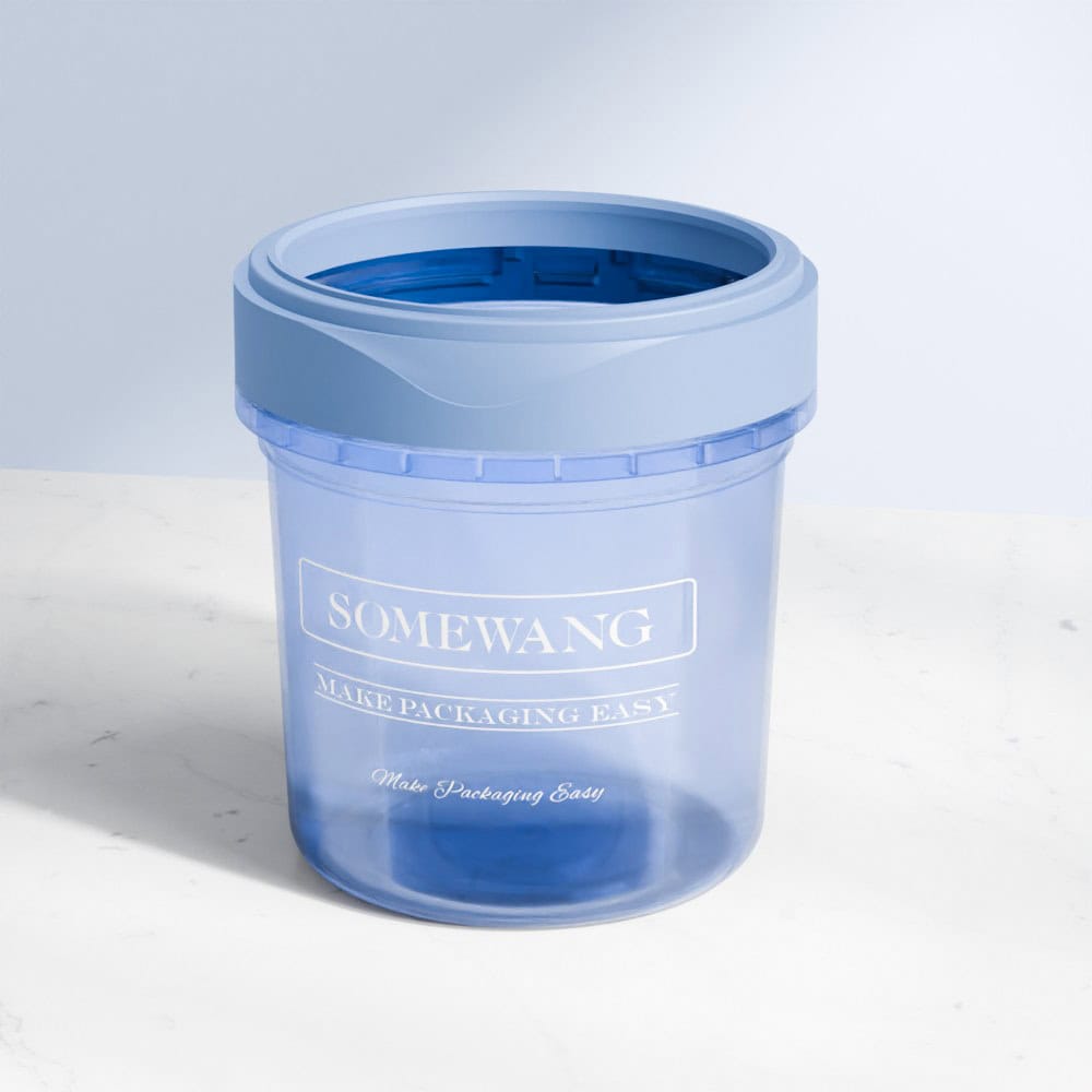 A transparent blue 480ml PP jar with a blue lid, labeled "SOMEWANG MAKE PACKAGING EASY" on a marble surface.