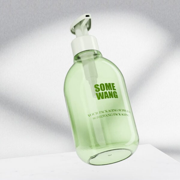 A 240ml green plastic pump bottle labeled "Some Wang" with "Your Packaging Supplier" text, set against a gray background.