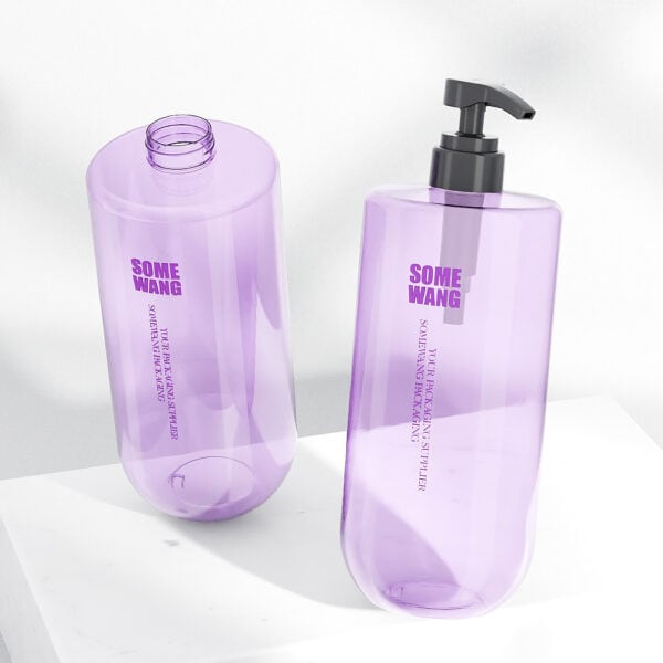 Two 1L vibrant purple shampoo bottles labeled "Some Wang": one with a pump stands upright; the other, open-top, lies down on a white surface.