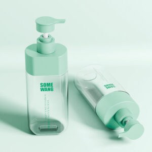 Two mint-green plastic pump bottles, one upright and one on its side, labeled "500ml PET bottle for personal care.