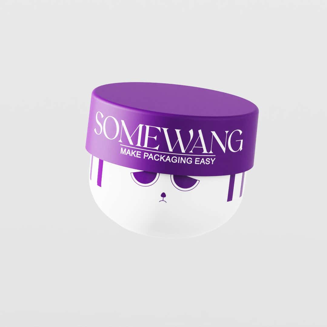 Ein weißes Glas mit violettem Deckel und Gesichtsdesign, mit der Aufschrift „SOMEWANG MAKE PACKAGING EASY“, erhältlich in den Größen 50–500 ml.