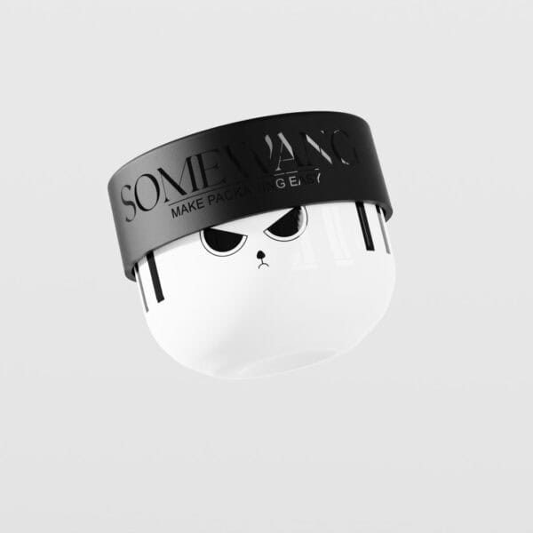 Round white PP screw cap jar for cosmetics, 50-500ml. Bold text on black lid with an angry sunglasses face.