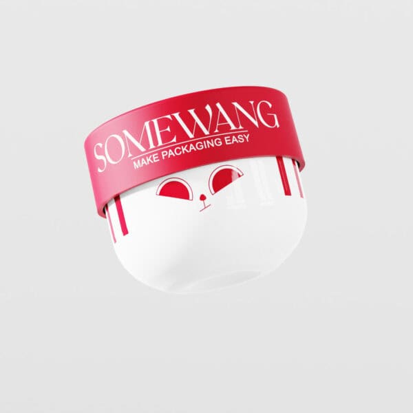 White PP Screw Cap Round Bottom jar with red cap, labeled "Somewang Make Packaging Easy," featuring minimalistic red face design.