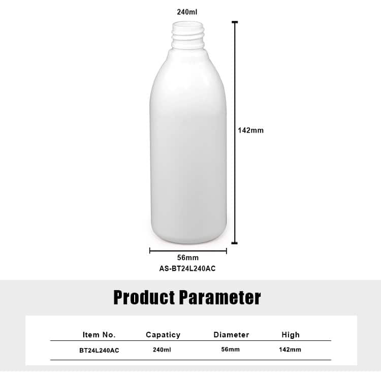 Botella de PET de laca para el cabello de 240 ml con dimensiones etiquetadas: 56 mm de diámetro y 142 mm de altura.