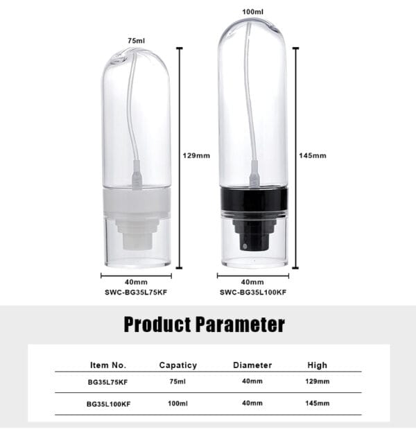 ชุดขวดสเปรย์ PETG สองชุด (75 มล./100 มล.) พร้อมปั๊มหมอกละเอียดในสีขาวและดำ มีป้ายกำกับด้วยหมายเลขรุ่น SWC-BG35L75KF & SWC-BG35L100KF
