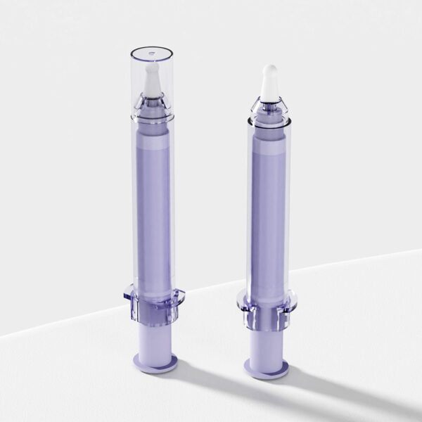 Two PP NS cosmetic syringes (5ml, 10ml, 20ml) stand upright on a light surface, with white caps and stylish purple detailing.