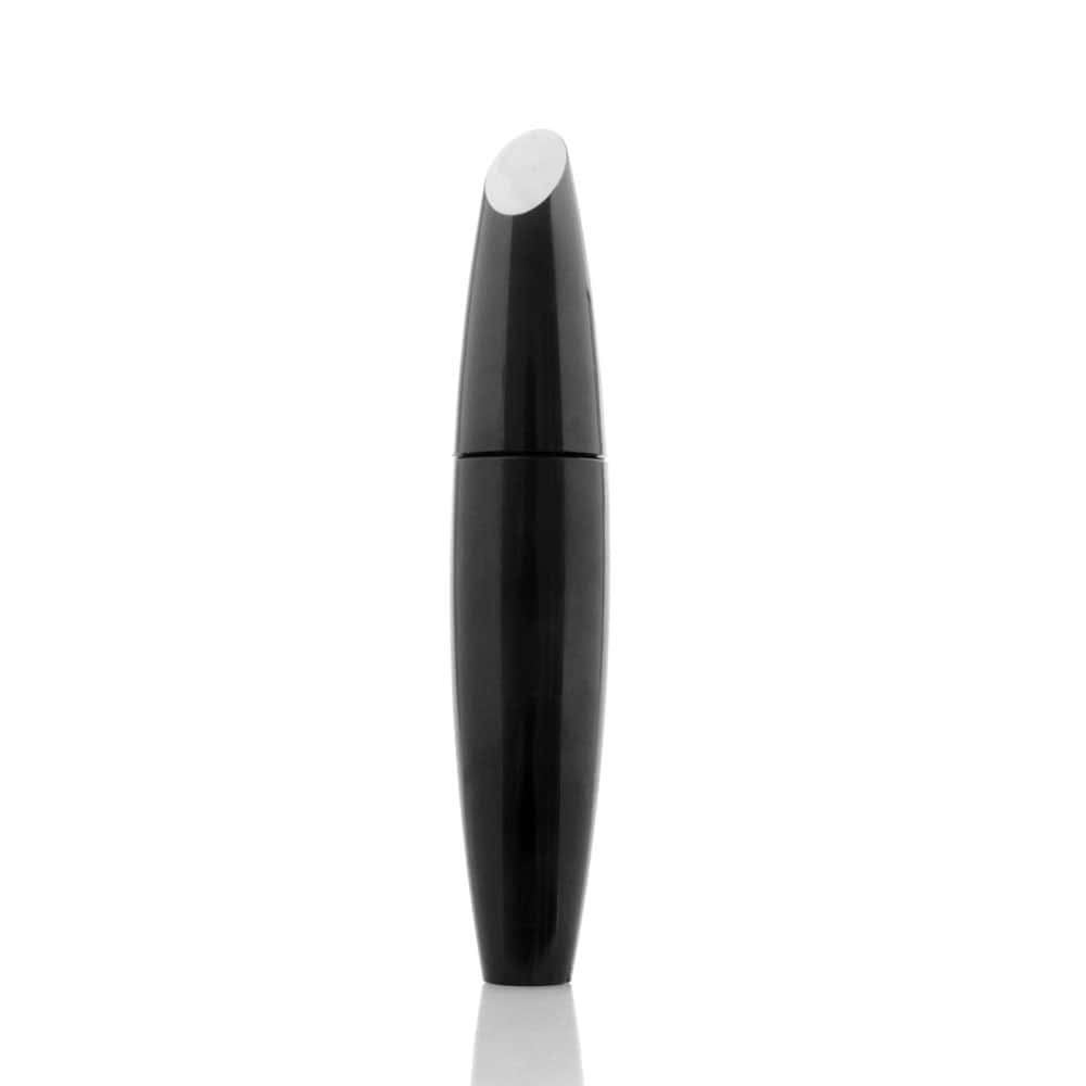 A sleek, glossy black SWC-CMA019 plastic mascara bottle stands against a plain white background.