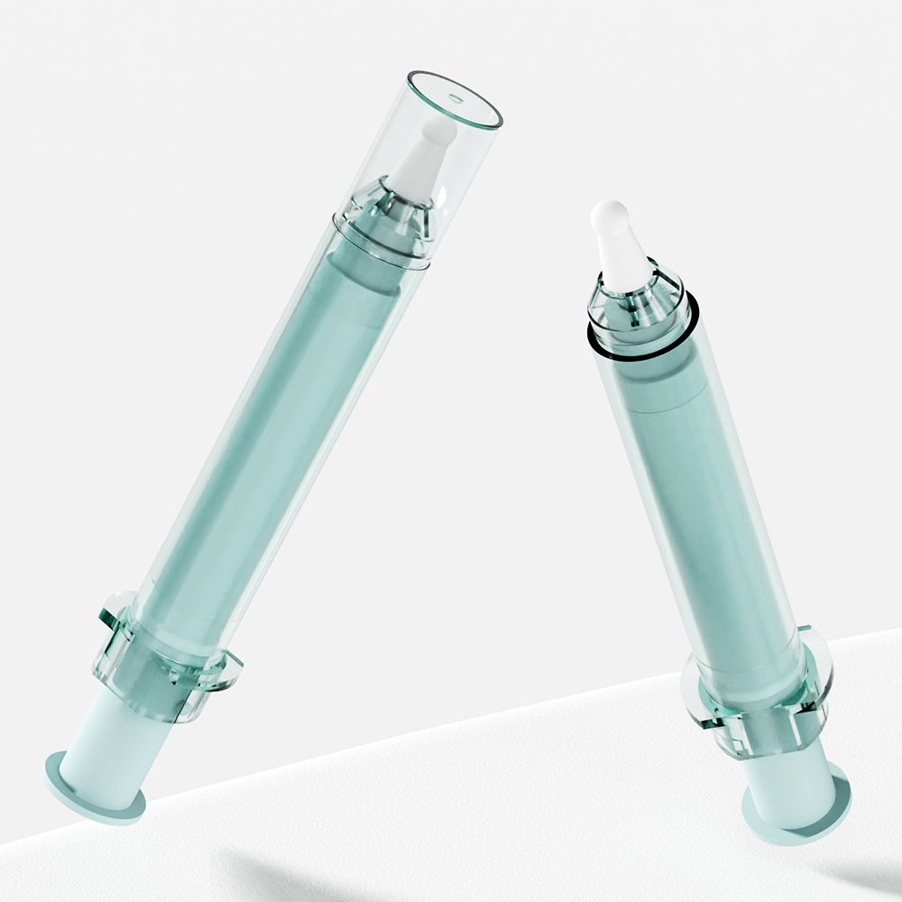 Two retractable pens, resembling PP NS syringes, stand vertically on a light background with elegantly poised white tips.