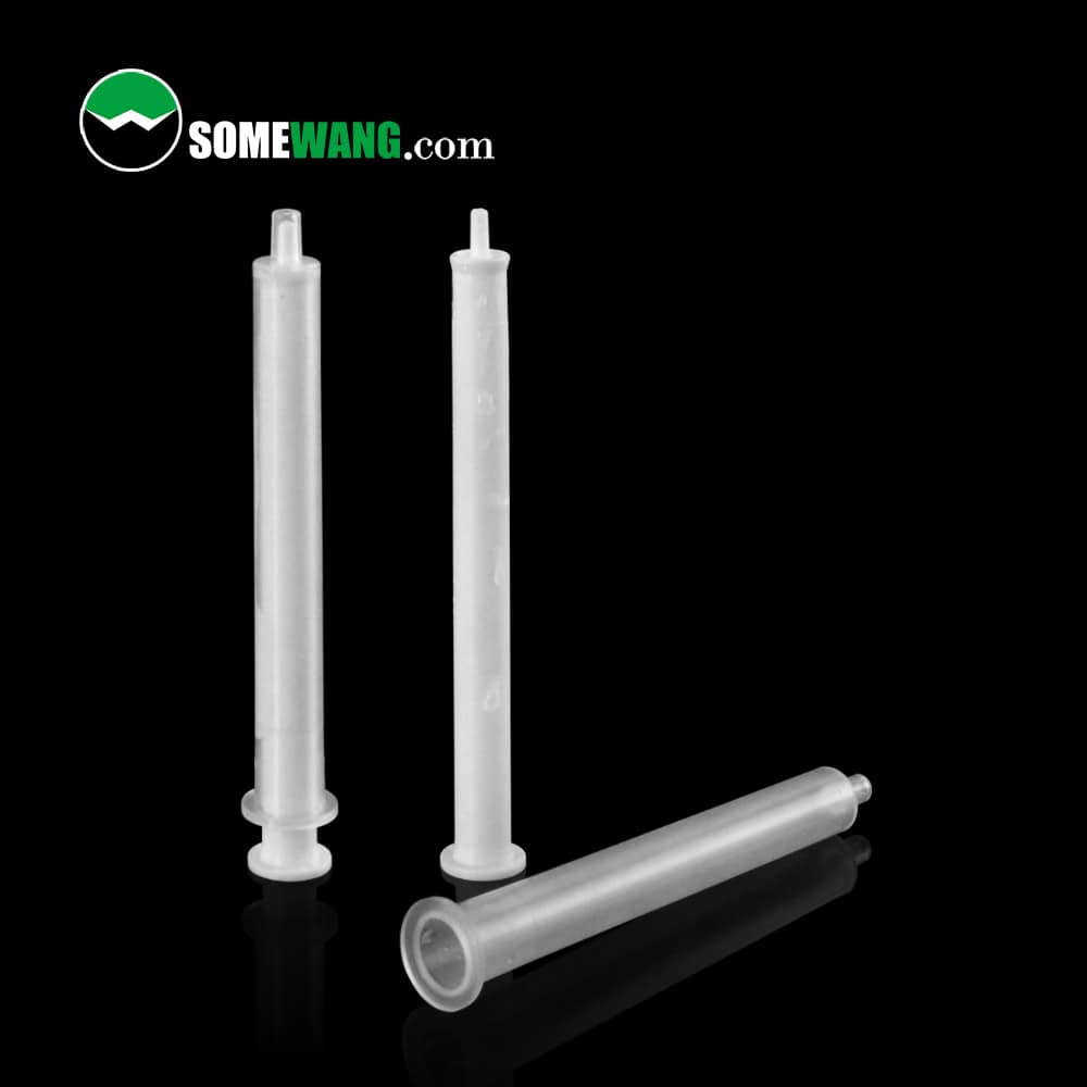 Three clear plastic PP Syringe contraceptive push tubes against a black background with the "Somewang.com" logo in the top left corner.