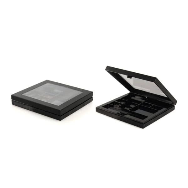 Two black SWC-CPC013 9-pan square eyeshadow palettes: one closed with a clear lid, the other open, showing empty compartments.