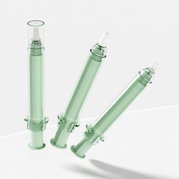 Three green PP NS cosmetic syringes (5ml, 10ml, 20ml) stand upright on a white surface.