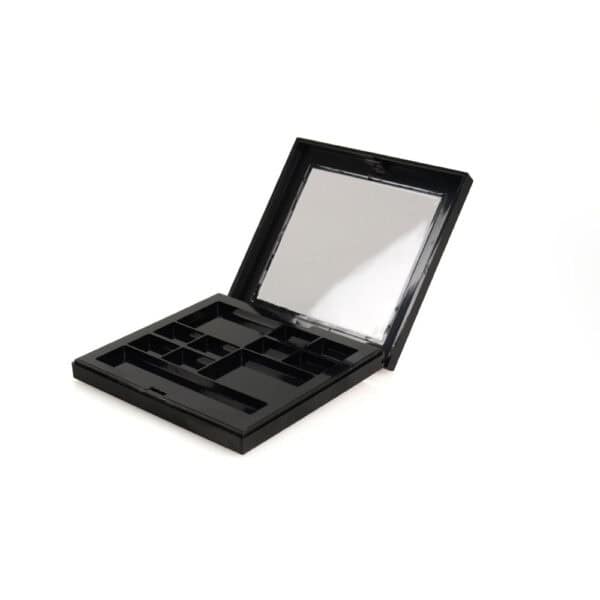 A black makeup organizer with compartments and an open lid mirror, perfect for your SWC-CPC013 9-pan eyeshadow palette.