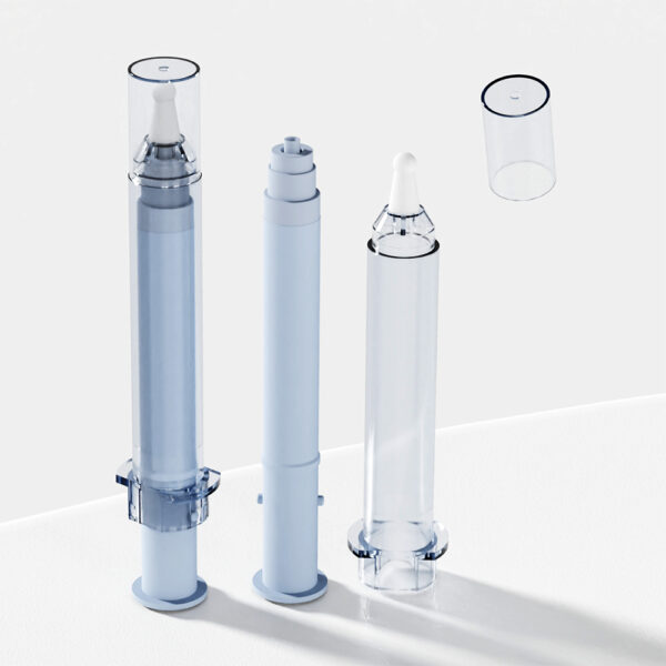 Three clear blue cylindrical PP NS 5ml, 10ml, 20ml cosmetic syringe cases stand upright on a white surface with one open cap.