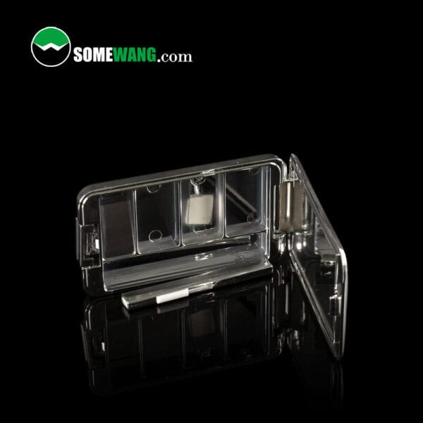 A transparent multi-compartment case for the SWC-CPC017 5-pan eyeshadow palette, open with latches and hinges shown. "SOMEWANG.com" logo visible.