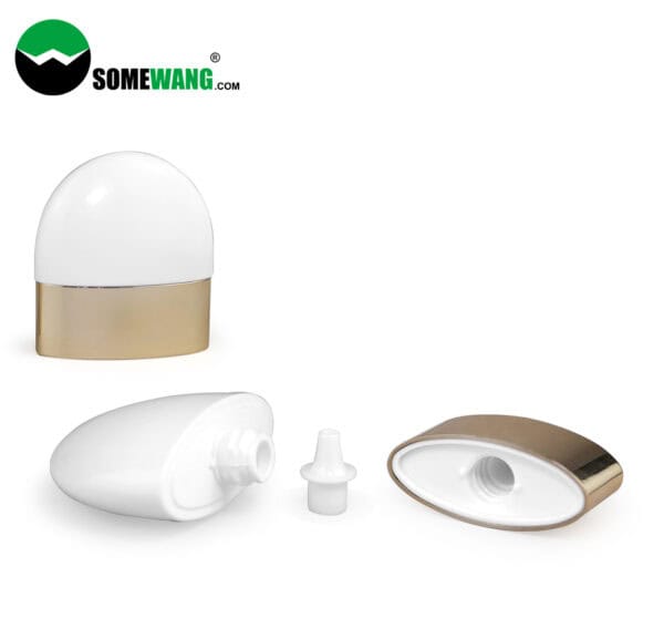 Một chai HDPE màu trắng và vàng có nắp và vòi được tháo rời trên nền trắng. SOMEWANG 30g/50g hoàn hảo cho kem chống nắng.