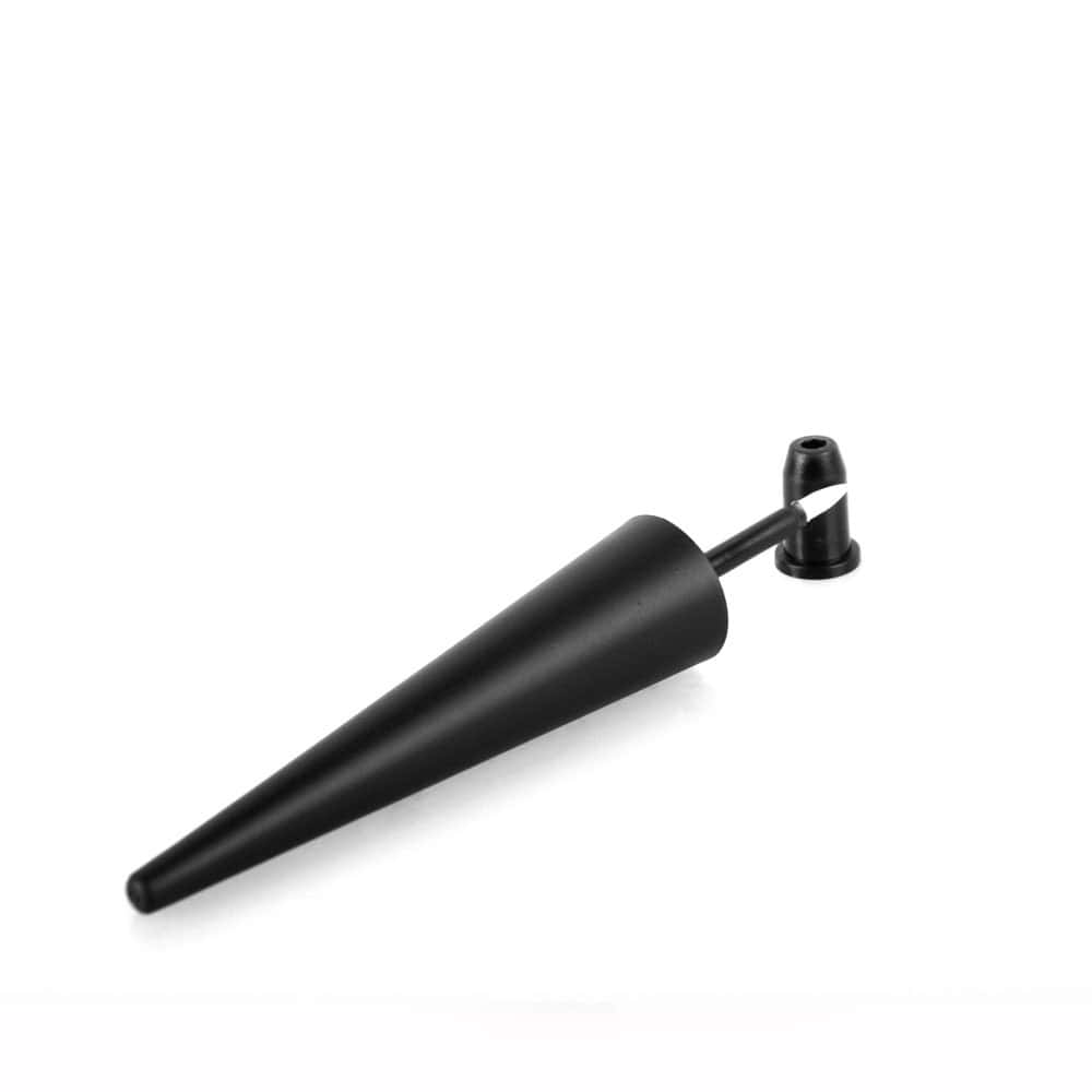 A black, cone-shaped ice cream spade with a small holed handle rests on a white surface, resembling an SWC-CEL010 8ml Conical eyeliner tube.