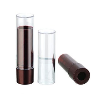 Three SWC-CLI005E 3.5g round lipstick cases with clear tops, in sleek brown designs: one capped, one open, one lying down.