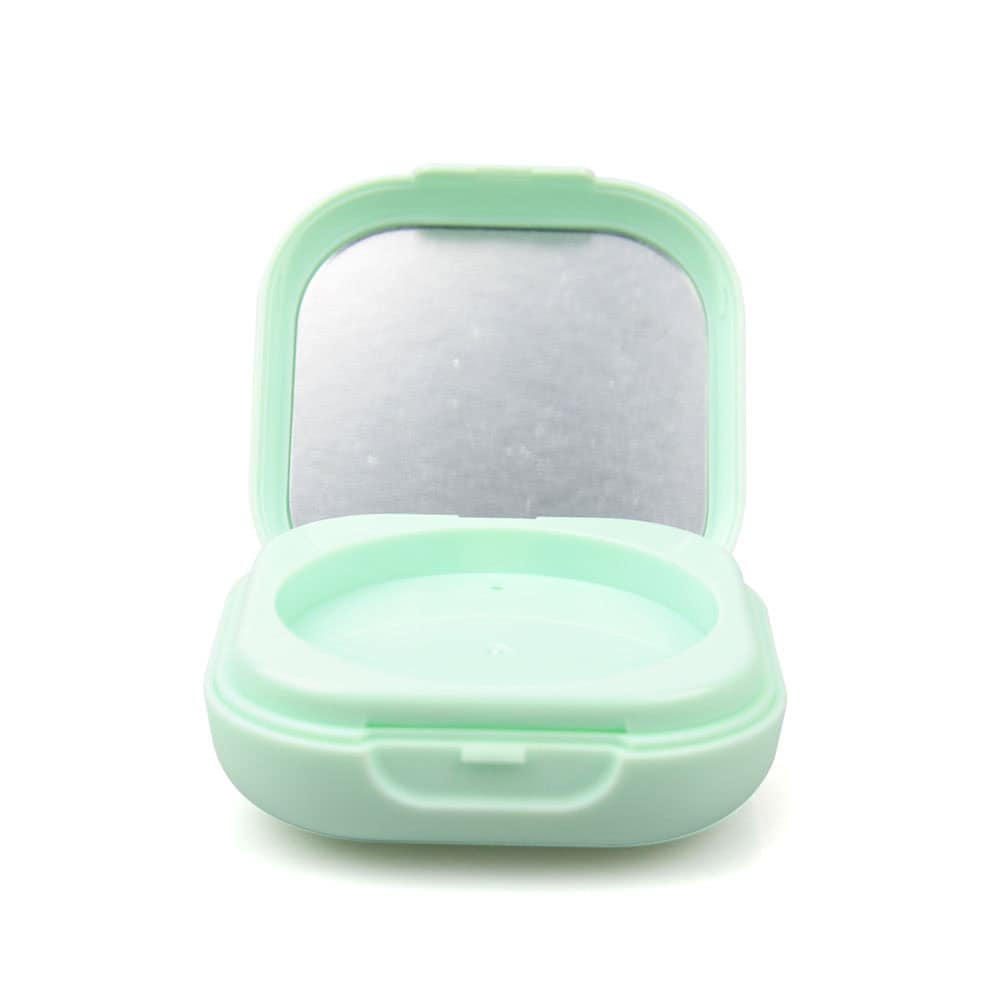 A light green SWC-CMF021 square blush case, lid open, showing an empty circular compartment and a mirror inside the lid.