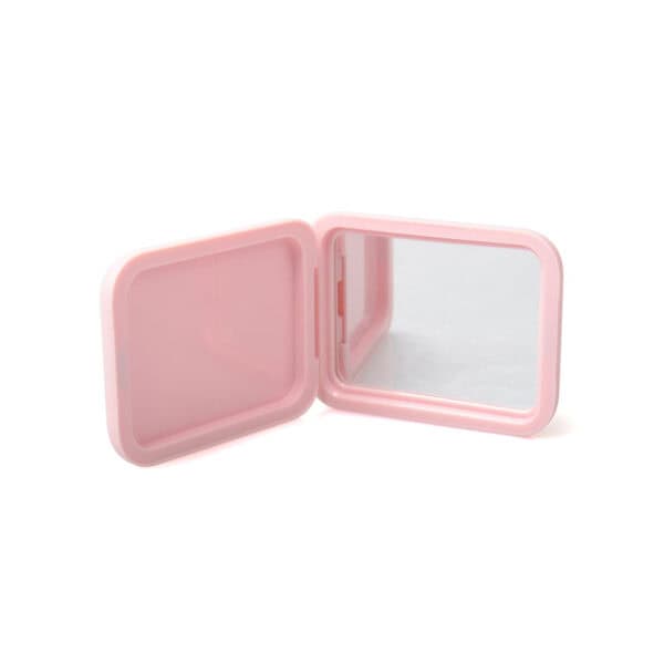 A small pink rectangular SWC-CMF022 blush case with a mirror, open to show its reflective surface in a matching pink frame.