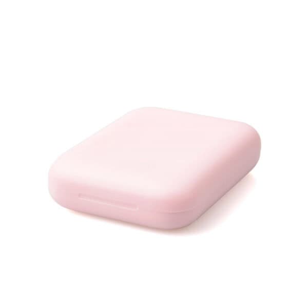 A closed, pale pink plastic rectangular blush case (SWC-CMF022) with rounded edges and a built-in mirror, on a white background.