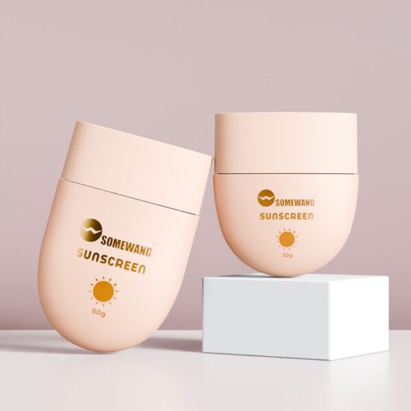 Two beige 30g/50g HDPE "SOMEWANG SUNSCREEN" bottles: one upright on a white block, one leaning against it.