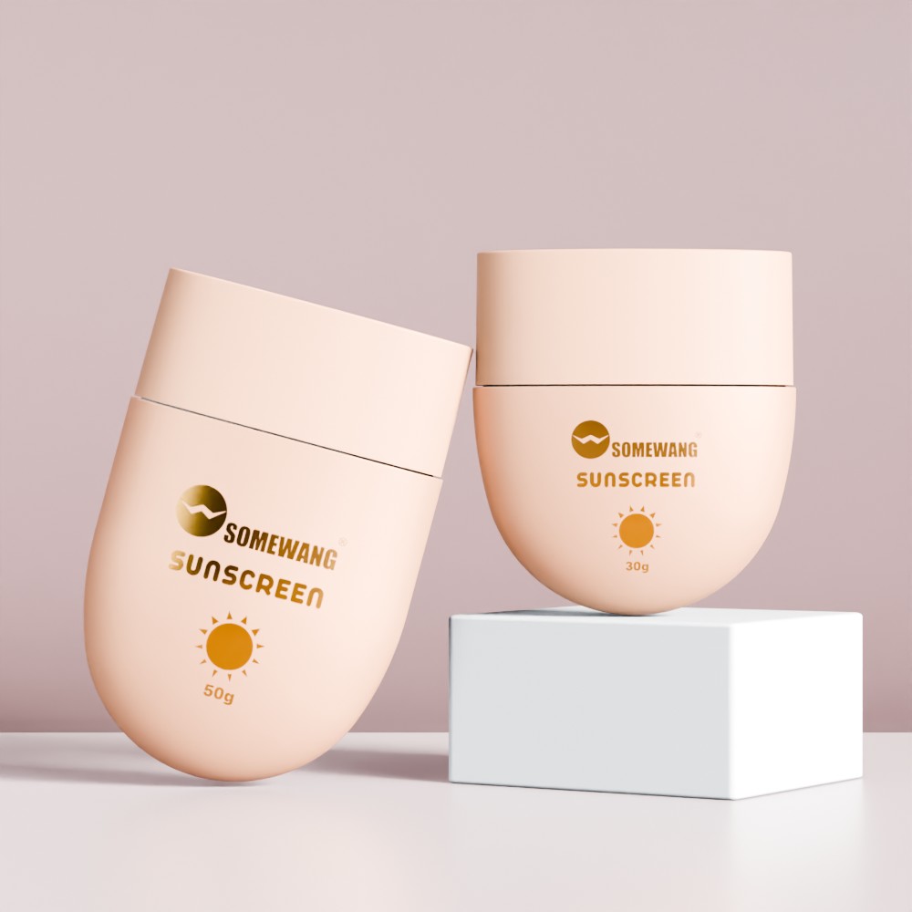 Two beige 30g/50g HDPE "SOMEWANG SUNSCREEN" bottles: one upright on a white block, one leaning against it.