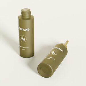 Two olive green "SOMEWANG" bottles, each resembling 100ML lotion containers. One stands upright open, the other lies with a nozzle cap.