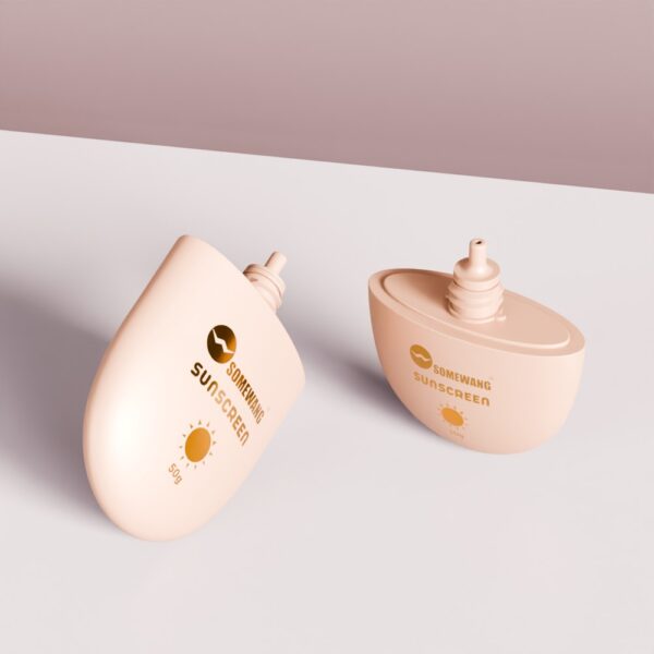 Two beige HDPE "Somewang Sunscreen" bottles (30g/50g) with sun icons, open on a white-pink surface.