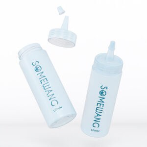 Two 120ml LDPE squeeze bottles with blue "SOMEWANG" text are shown, one upright with cap, the other lying down without it.