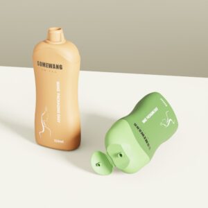 Two SOMEWANG 16.9oz HDPE shampoo bottles—one tan upright, one green on its side with cap open—on a white surface.