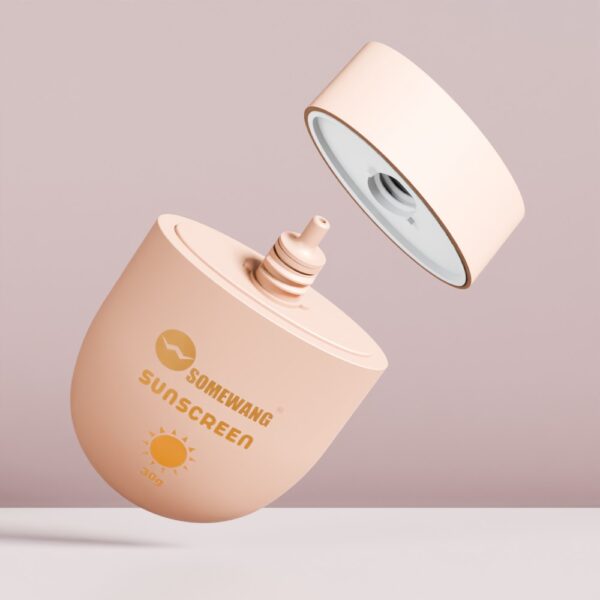 A beige 30g/50g HDPE "Somewang Sunscreen" bottle floats capless over a pale background.