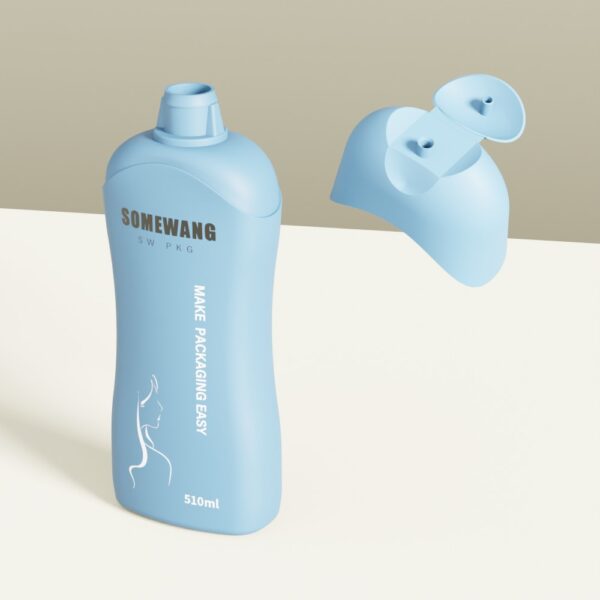 A 16.9oz HDPE shampoo bottle stands upright with its cap floating nearby.