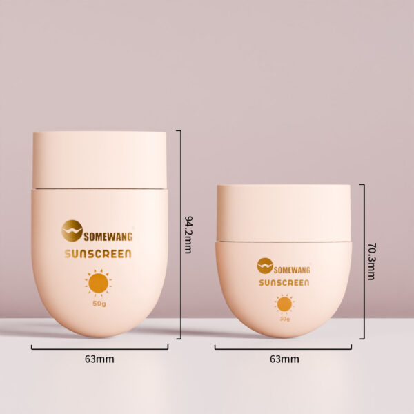 Two beige 30g & 50g HDPE "SOMEWANG SUNSCREEN" bottles (94.2x63mm, 70.3x63mm) on a pale background.