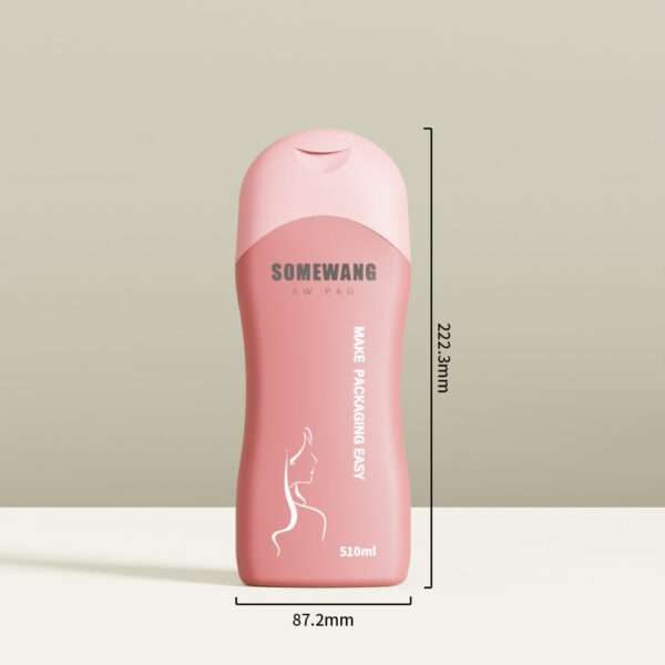 Pink 16.9oz SOMEWANG HDPE shampoo bottle (222.3x87.2mm) with cap on white surface, beige background.