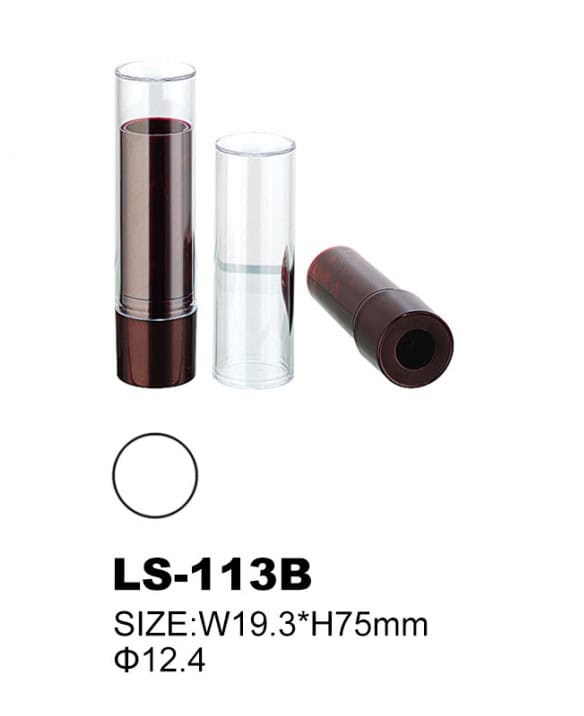 Drei transparente Lippenstifthülsen aus Kunststoff, zwei stehend und eine liegend, in SWC-CLI005E 4g-Hüllen. Produktcode: LS-113B. Abmessungen: B19,3*H75 mm, T12,4 mm.