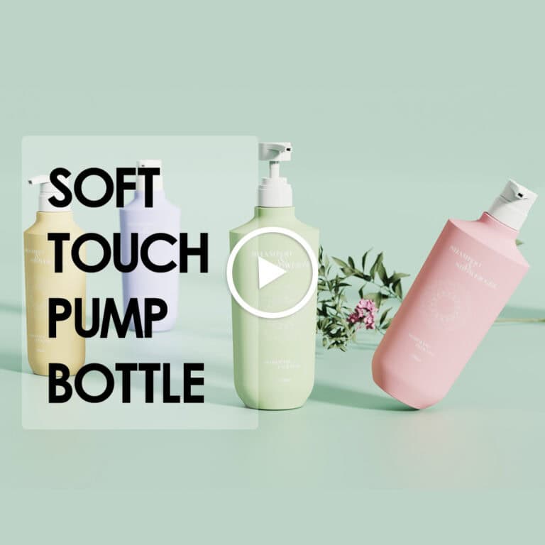 Four pastel "Shampoo & Shower" pump bottles on light green background, labeled "Soft Touch Pump Bottle." Stylish and convenient for daily use.