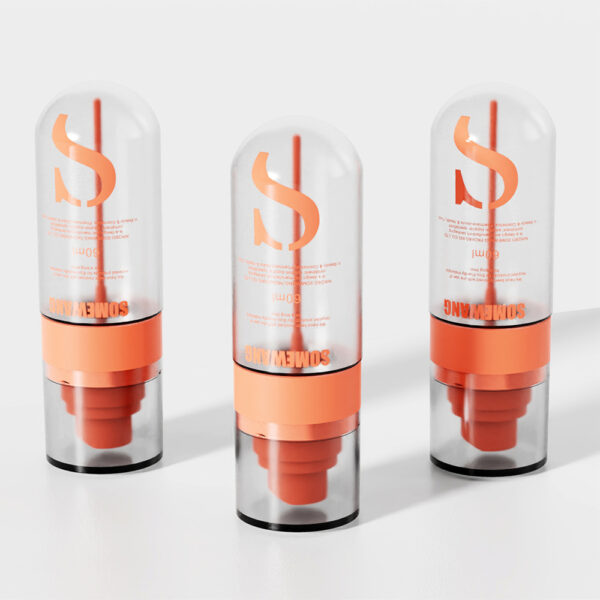 Three 240ML PE custom lotion bottles with clear caps, orange accents; each features a large "S" and text.